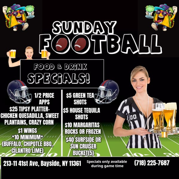 Sunday Football specials menu with food and drink deals, featuring a referee and football helmets.