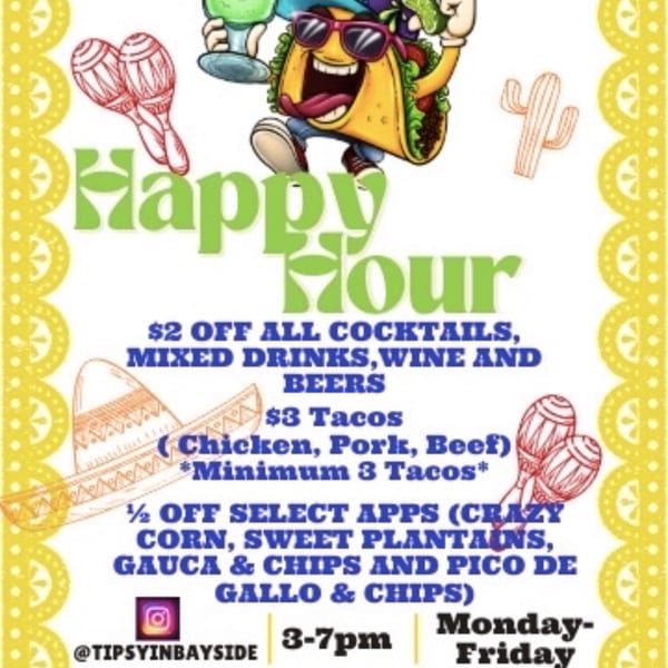 Happy Hour flyer with a cartoon taco wearing sunglasses, holding a margarita and lime, with text detailing specials.