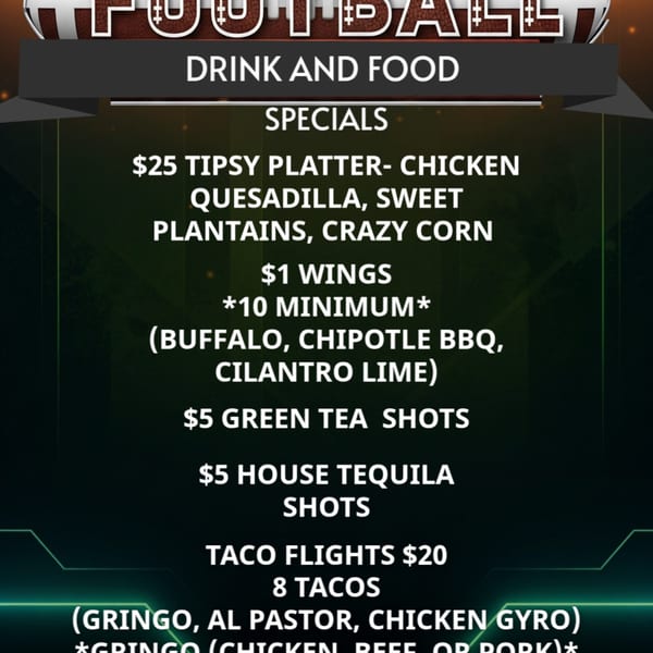A menu of drink and food specials, including the Tipsy Platter, wings, shots, and taco flights.