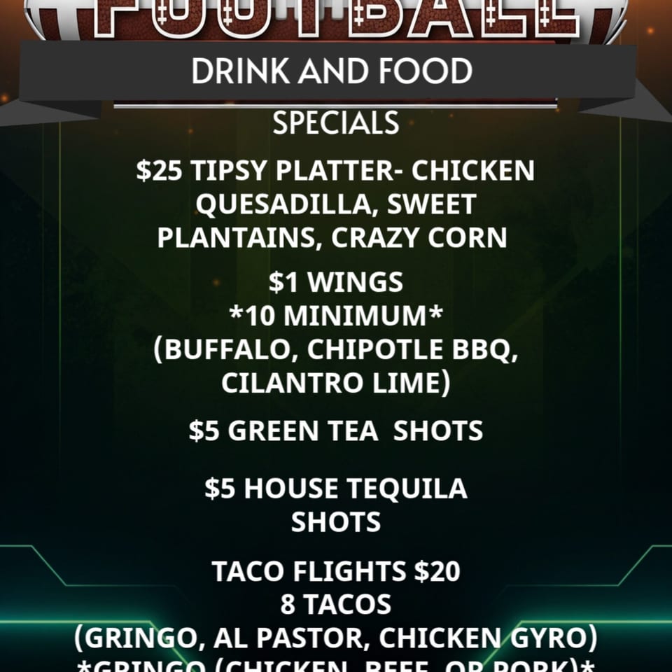 A menu of drink and food specials, including the Tipsy Platter, wings, shots, and taco flights.