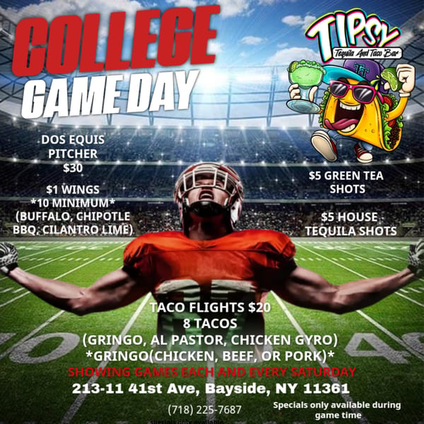 Tipsy Tequila and Taco Bar's College Game Day specials with a football player and taco mascot.