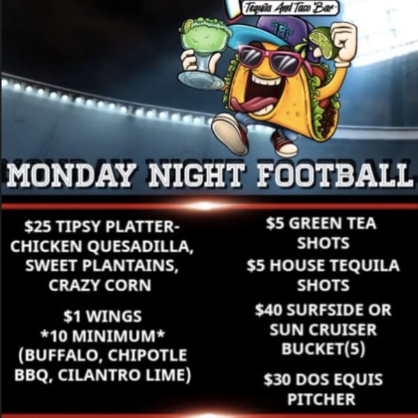 Tipsy Tequila and Taco Bar's Monday Night Football specials, featuring a cartoon taco mascot and stadium lights.